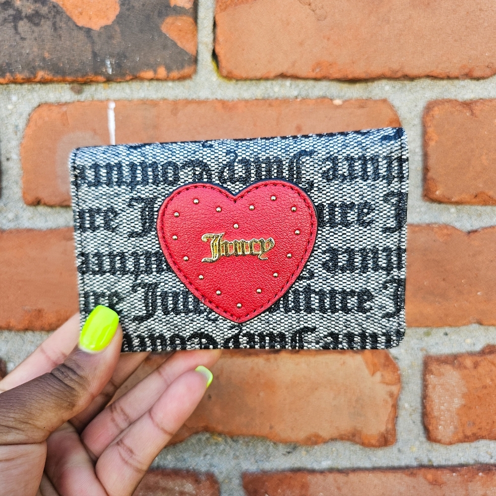 Juicy Couture Large Bifold Wallet – Monogram Logo Print, Red Heart Patch – Snap